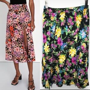 Lush Black Floral High Waisted Slit Leg Midi Skirt